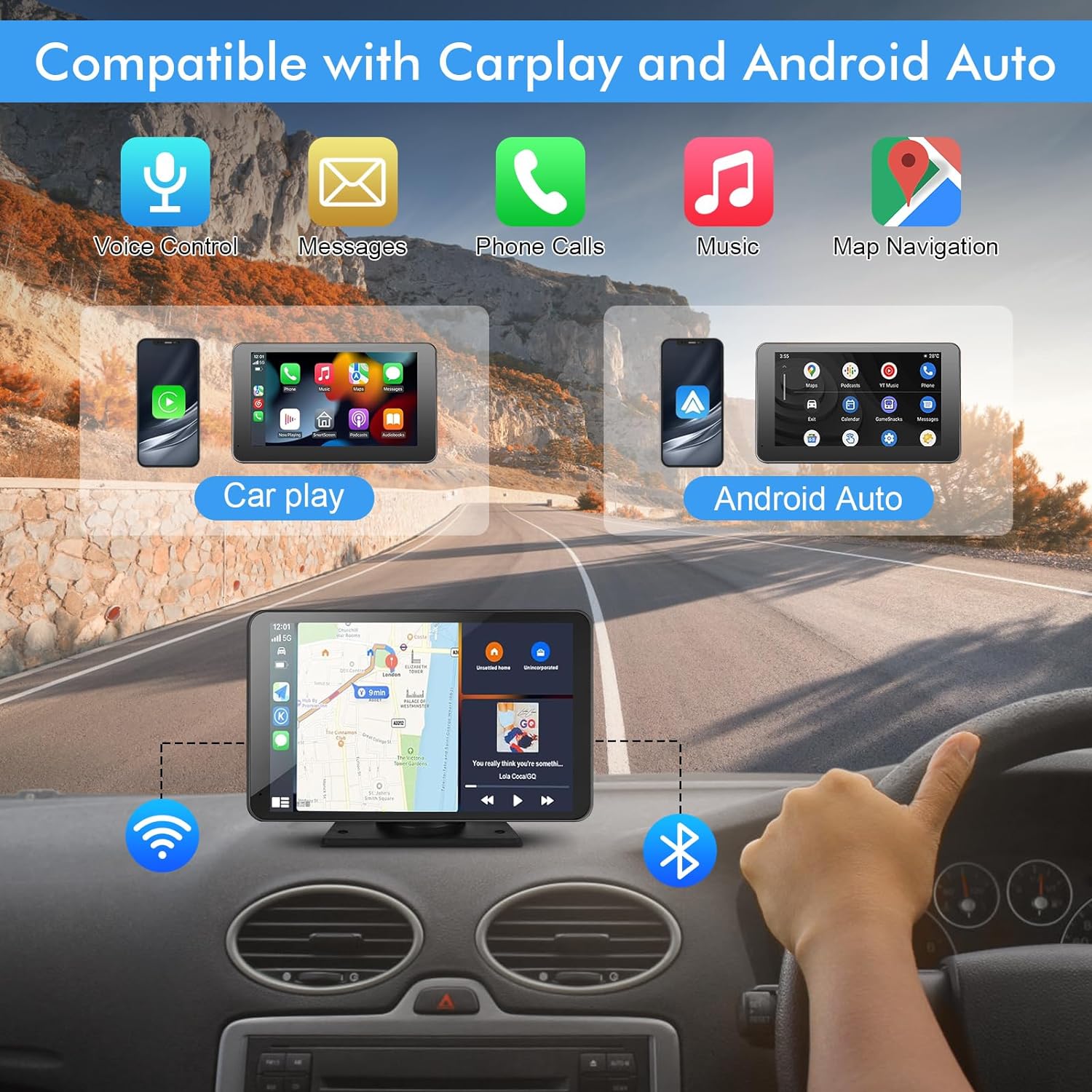 7" HD Portable Carplay Wireless Touch Screen Double Din Car Stereo Compatible Apple Carplay and Android Auto with GPS Navigation, Voice Control, Mirror Link, Bluetooth